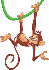 Cartoon monkey chimpanzee handing upside down on the tree branch. Vector illustration of happy monkey character © drawkman