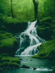 Natural waterfall with rocks and green moss Generative AI Art
