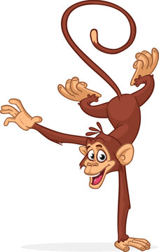 Cartoon funny monkey chimpanzee balancing on one hand or doind flip acrobatic handstand. Vector illustration of happy monkey character design isolated