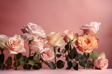  a group of pink roses with green leaves on a pink background with a pink background and a pink background with a pink background and a pink wall.  generative ai