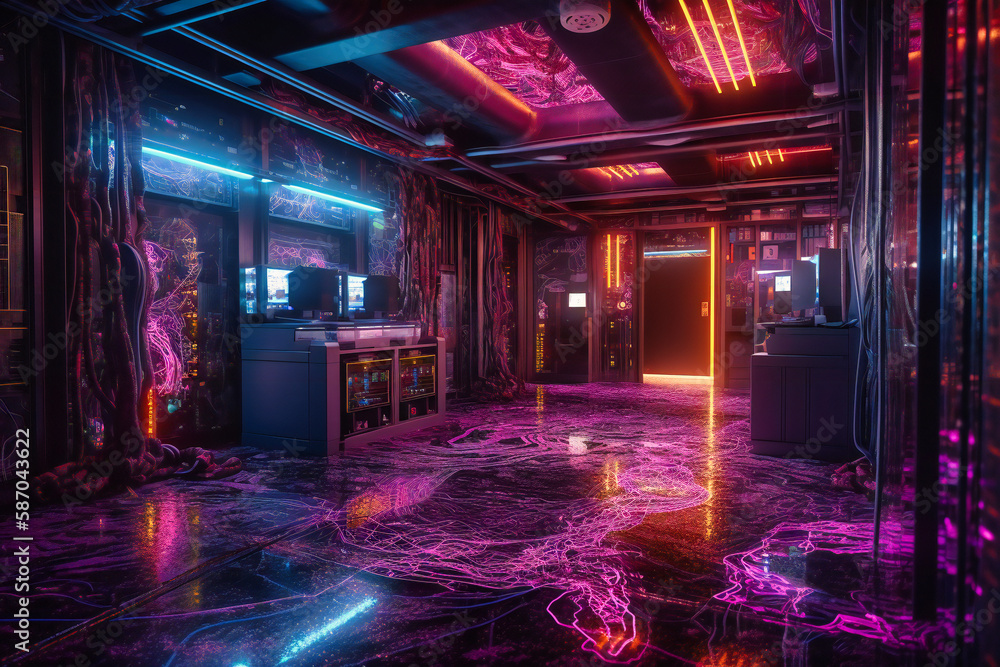 Aufkleber an awe-inspiring network server room, featuring an intricate web of advanced technology, illuminated