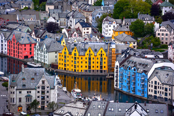 Ålesund skyline, Alesund in Norway - panorama of the city from Aksla mountain