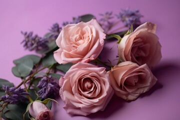  a bunch of pink roses sitting on top of a purple table top next to a bunch of purple flowers on a purple surface with greenery.  generative ai
