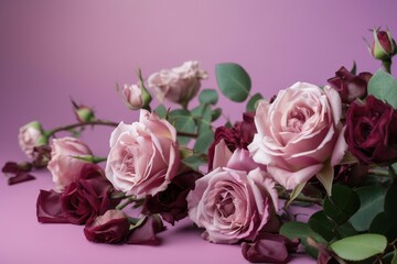 a bunch of pink and red roses on a purple background with leaves and stems on the side of the image, with a pink background.  generative ai