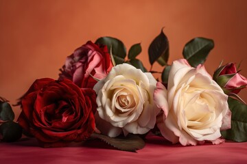  a group of three roses sitting on top of a red table cloth next to a brown wall with green leaves on top of the table.  generative ai