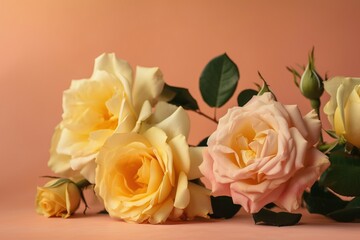  a group of yellow and pink roses on a pink background with leaves and stems in the foreground, with a pink background behind them.  generative ai