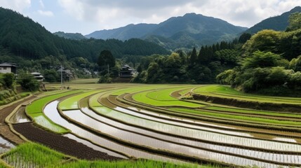 日本の棚田のパノラマビュー