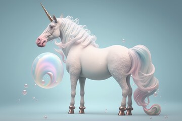 Fototapeta na wymiar A pearlescent White unicorn with a shiny gold horn, on pastel pink and blue background. Generative Ai