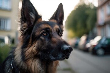 In the street, a portrait of a German shepherd. Generative AI