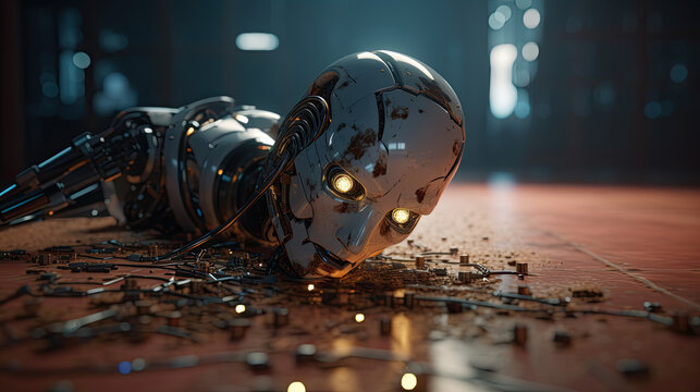 Broken Robot in a Pile of Body Parts and Pieces on the Floor