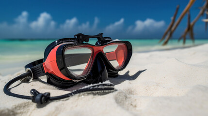 Diving goggles and snorkel gear on white sand near beach