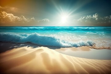 Beautiful sandy beach with white sand and rolling calm wave of turquoise ocean on Sunny day on background white clouds in blue sky. Island in Maldives, colorful perfect panoramic natural Generative Ai