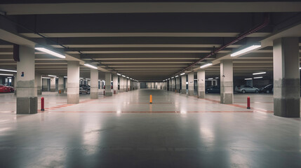 Fototapeta premium Empty shopping mall underground parking lot or garage interior with concrete stripe painted columns. Generative Ai