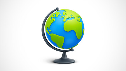 Cartoon world globe with stand on white background. Globe of planet Earth for concept of kids learning or world traveling. Vector illustration