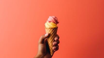 Hand holding strawberry ice cream cone on yellow background. Generative AI.