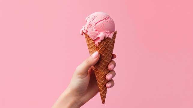 Hand holding strawberry ice cream cone on pink background. Generative AI.