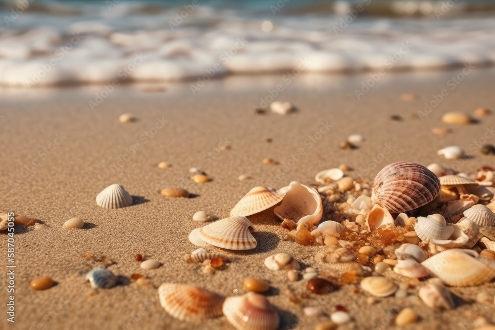 Poster seashells scattered on a sandy beach with ocean waves in the background. generative ai
