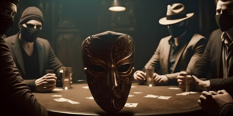 Play game of mafia background. Masked people play cards gangster. Generation AI - obrazy, fototapety, plakaty
