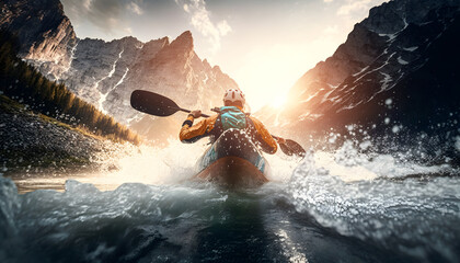 Rafting Extreme sport kayak sails mountain river with sun light, Whitewater kayaking. Generation AI - obrazy, fototapety, plakaty