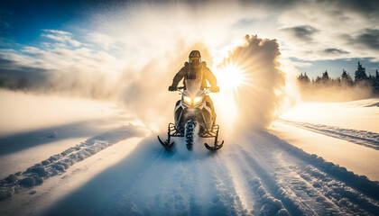 Portrait sportman of Winter Extreme Freeride Snowmobile fresh powder snow with sunlight, banner skidoo sport. Generation AI