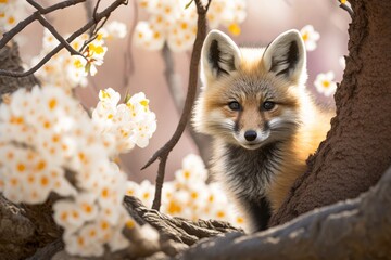 Close look of baby fox under blossom tree. Generative Ai