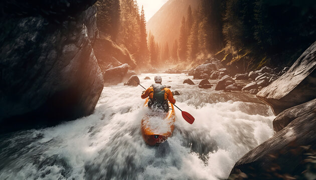 Extreme sport kayak sails mountain river with sun light, Aerial top view. Rafting, whitewater kayaking. Generation AI
