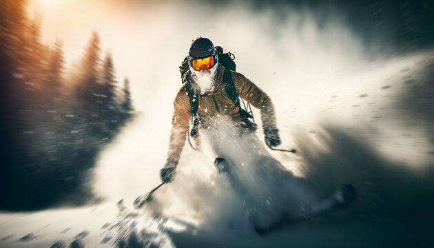 Freeride ski in fresh powder snow with sunlight. Winter Adventure Extreme skiing. Generation AI