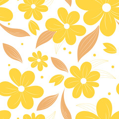 Obraz premium A lovely floral pattern on a white background, featuring beautiful yellow blooming flowers in the springtime. Great for adding a touch of springtime to your designs.