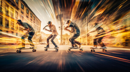 Thrilling Action - Skateboarder in Multiple Exposure. The skater's movements are beautifully captured and blended together. Generated AI