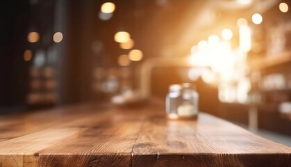 Abstract Blurred Cafe Background: Empty Wooden Table Top with Bokeh and Blank Space for Product on Restaurant Desk