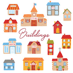 City buildings cartoon colorful childish vector icons set. Vector illustration