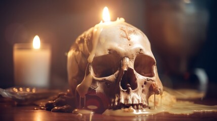 A candlelit human skull with melted candle wax, perfect for spooky Halloween decorations