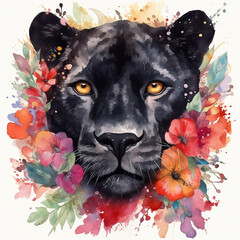 Watercolor picture of black panther decorated with explosion of flowers, red flowers, orange flowers,, water color painting,  Created using generative AI