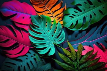 Fototapeta na wymiar Creative fluorescent color layout made of tropical leaves, Flat lay neon colors. Generative AI