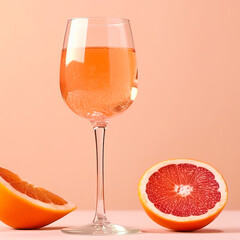Glass with sparkling rose wine and grapefruit on pastel background with copy space. Wide angle format banner