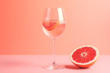 Glass with sparkling rose wine and grapefruit on pastel background with copy space. Wide angle format banner