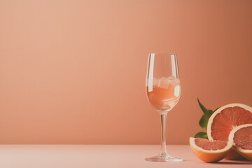 Glass with sparkling rose wine and grapefruit on pastel background with copy space. Wide angle format banner
