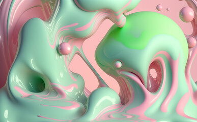 Baby pink, light green and powder blue fluid background, Generative AI