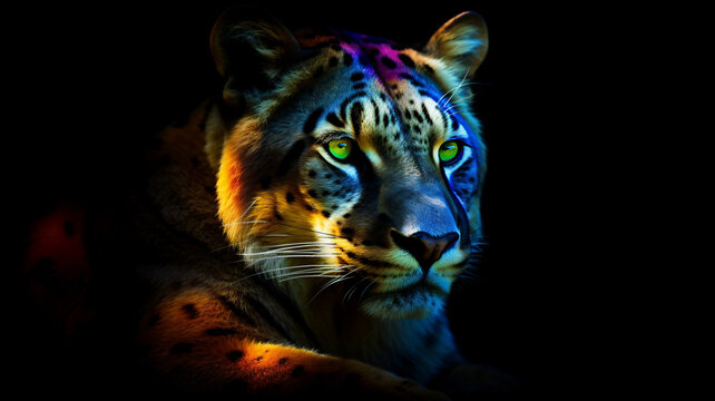 Exotic spotted big cat with multicolored lights hitting it, making it look vibrant and colorful. The cat is against a black background. Generative AI.
