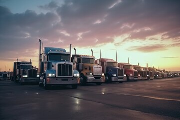  a row of semi trucks parked next to each other in a parking lot at sunset or dawn with clouds in the sky behind them and a few clouds in the distance.  generative ai