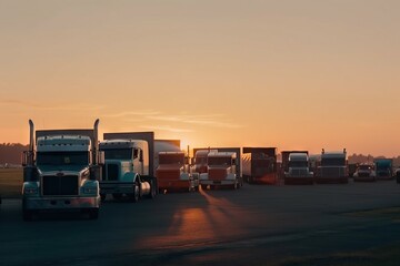  a group of semi trucks parked next to each other in a parking lot at sunset with the sun setting behind the truck and trailer trailers.  generative ai