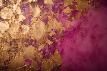  a painting of gold and purple on a wall with a pink background and a black and white cat sitting on the wall next to it.  generative ai
