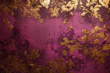  a painting of gold leaves on a purple background with a gold leafy pattern on the bottom of the painting, and a gold leafy pattern on the bottom of the painting.  generative ai