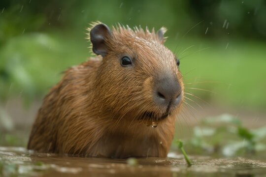 A adorable infant capybara is depicted in this close up portrait of a capybara with a cute face (Hydrochoerus hydrochaeris). Generative AI