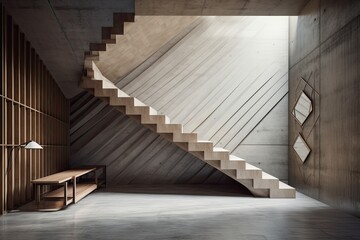 Interior of abstract free form geometric concrete with stairs, a wooden ceiling, and a mock up location on the wall. Conceptual space in architecture. Generative AI