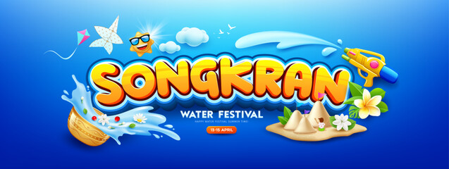 Songkran festival message, fun water gun and flowers in a water bowl splashing, sun, cloud, kites, sand pagoda, banners design on blue background, Eps 10 vector illustration

