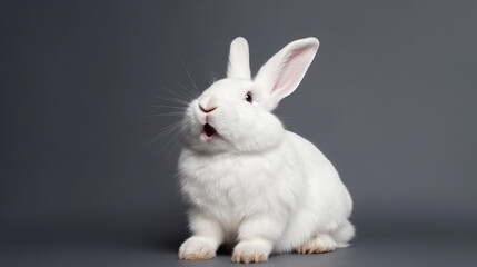 cute animal pet rabbit or bunny white color smiling and laughing isolated with copy space for Easter Gray background 