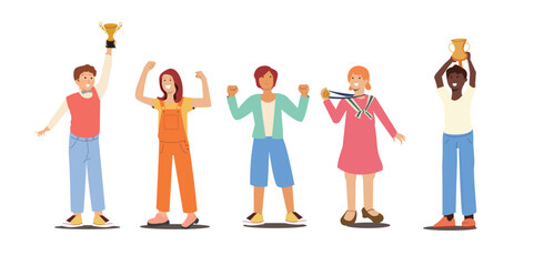 Set Cheerful Happy Children Celebrating Victory Success in Educational or Sports Competition. Cute Girls and Boys Holding Cup Trophy. Kids Characters Win in Contest. Cartoon People Vector Illustration