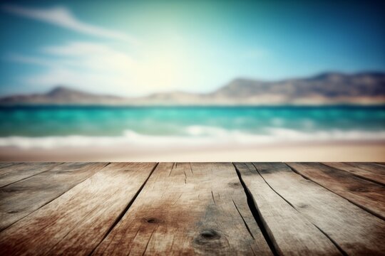 Empty wooden table with blue sea and sand beach background. Generative Ai