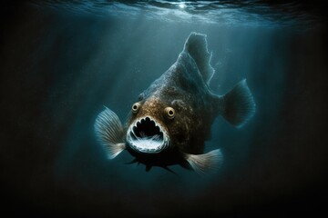 Fanfin Anglerfish in the dark sea. Generative Ai